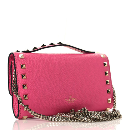 Valentino Garavani Pebbled Calfskin Rockstud Flip Lock Wallet On Chain Feminine Pink 2 of 7
