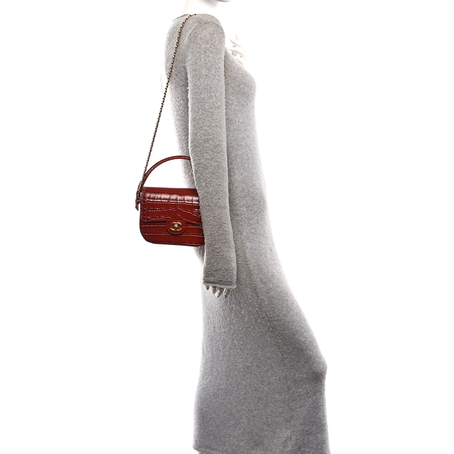Calfskin Crocodile Embossed Turn Around Mini Flap Burgundy