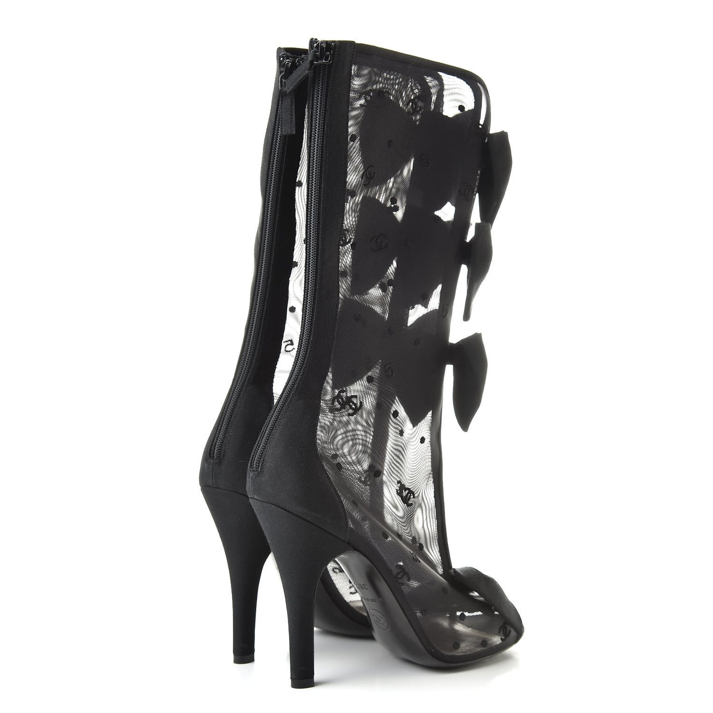 Mesh Grosgrain Bow Peep Toe Mid Calf Boots 38.5 Black