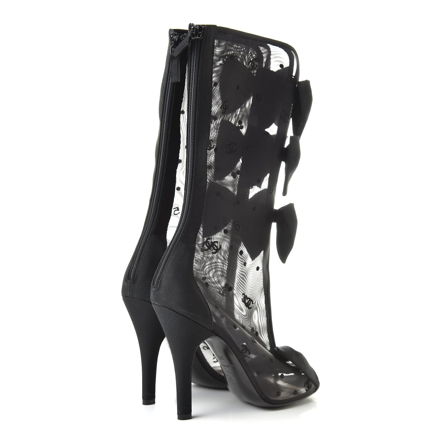 Chanel Mesh Grosgrain Bow Peep Toe Mid Calf Boots 38.5 Black 4 of 13