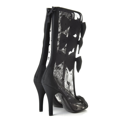 Chanel Mesh Grosgrain Bow Peep Toe Mid Calf Boots 38.5 Black 4 of 13
