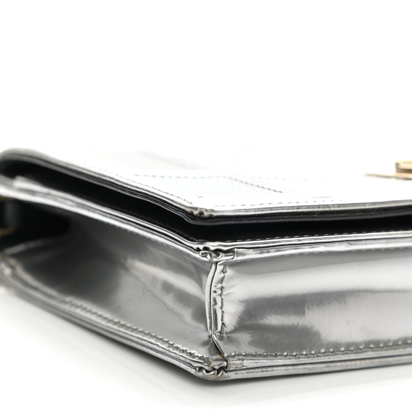 Metallic Patent Micro-Cannage Diorama Wallet on Chain Pouch Silver