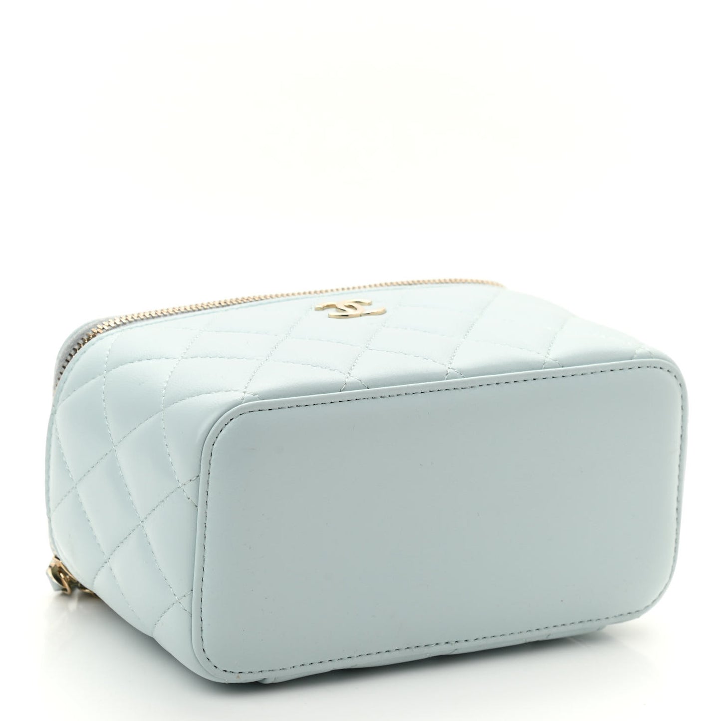 Lambskin Quilted Small Top Handle Vanity Case With Chain Light Blue