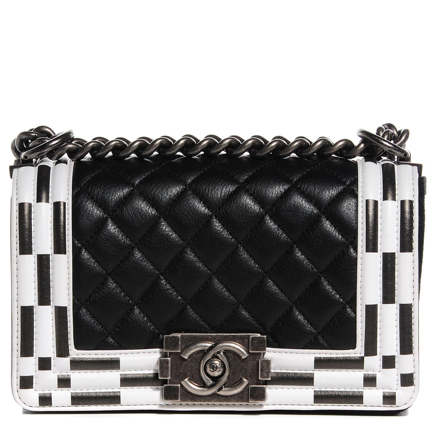 Calfskin Checkerboard Trim Small Boy Flap Black White