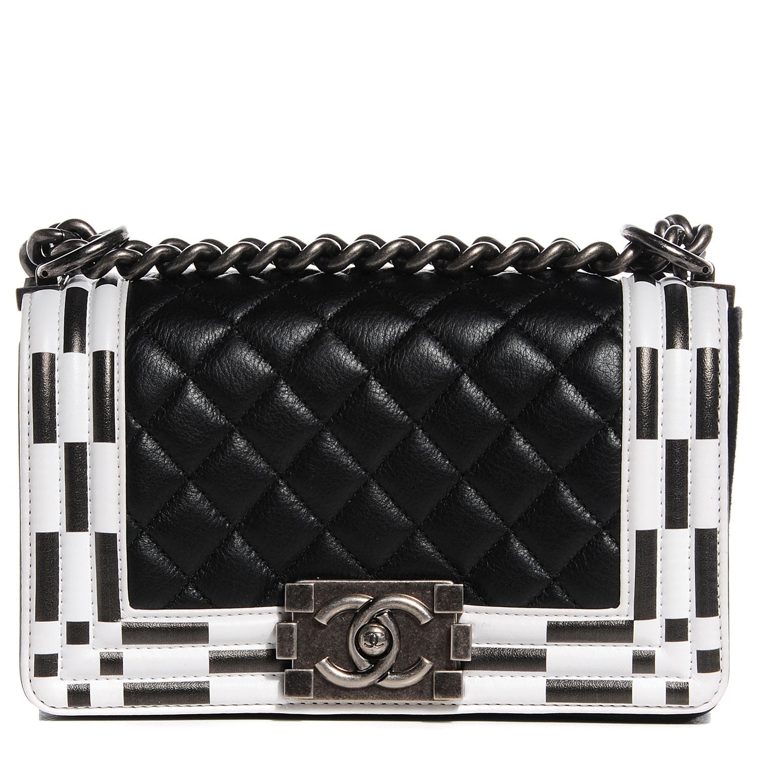 Chanel Calfskin Checkerboard Trim Small Boy Flap Black White 1 of 8