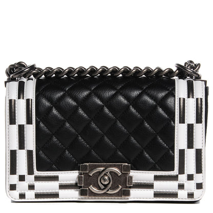Chanel Calfskin Checkerboard Trim Small Boy Flap Black White 1 of 8