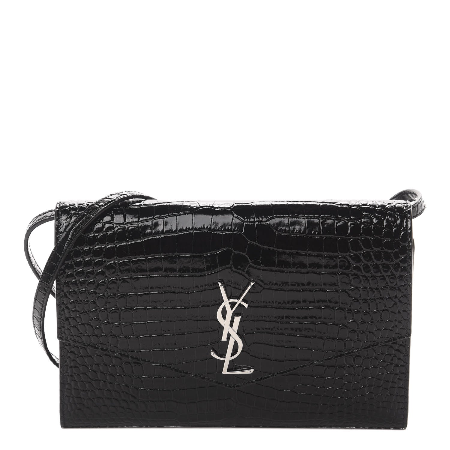 Saint Laurent Calfskin Crocodile Embossed Monogram Uptown Crossbody Black 1 of 10