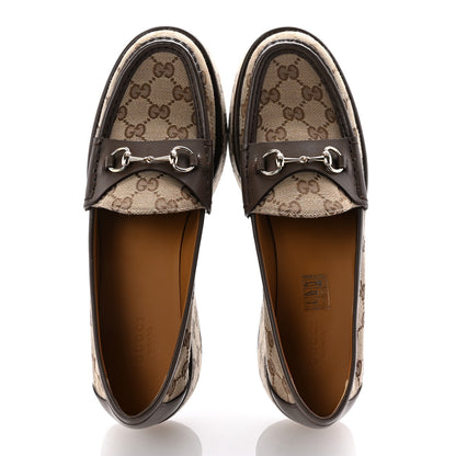 Gucci Monogram Horsebit Calfskin Womens Horsebit Wedge Platform Loafers 41 Beige Ebony 2 of 10