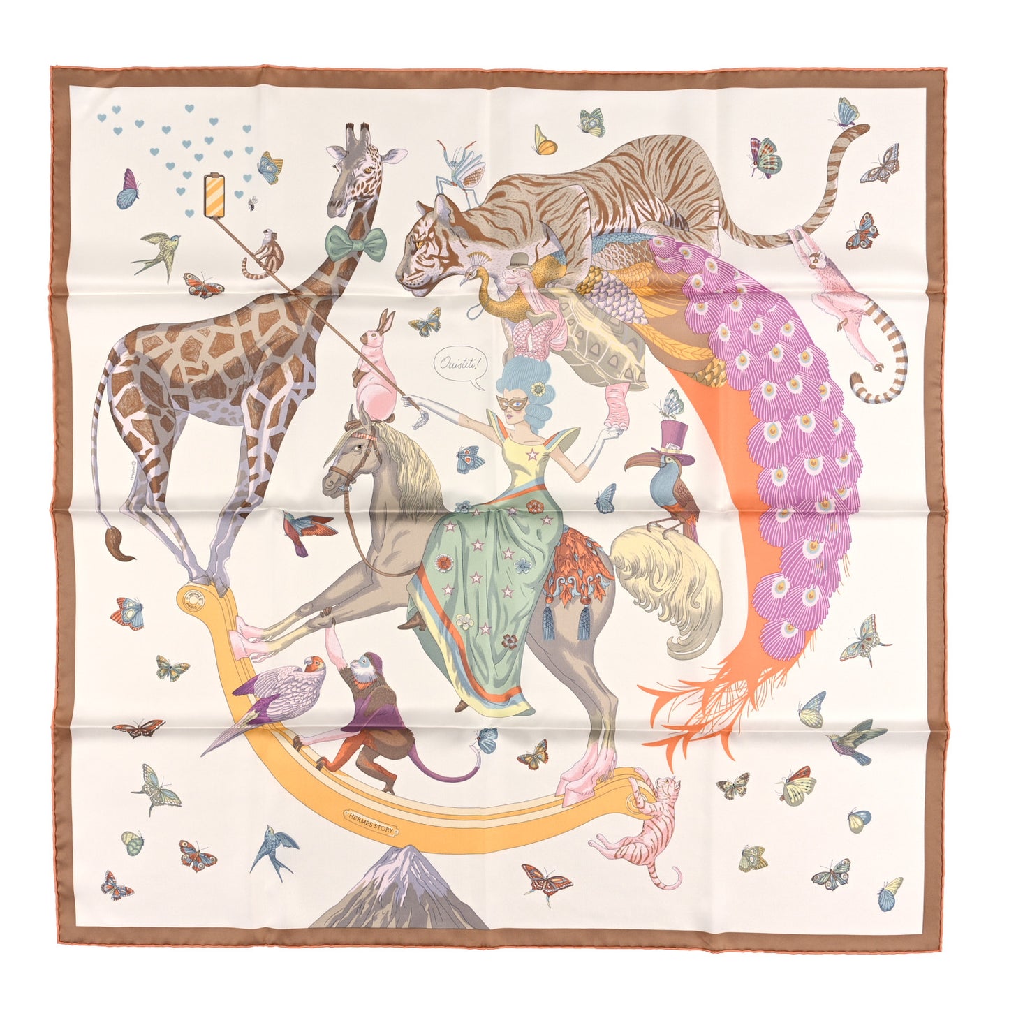 Silk Hermes Story Scarf 90 White Beige Multicolor