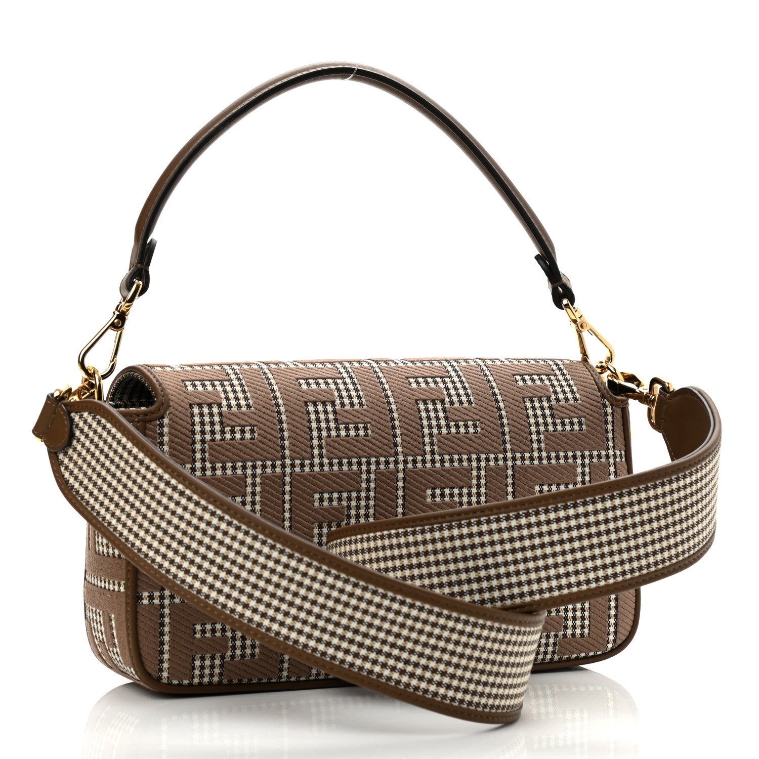 Fendi Wool Vitello King Houndstooth FF Embroidered Baguette Beige Moro 3 of 9