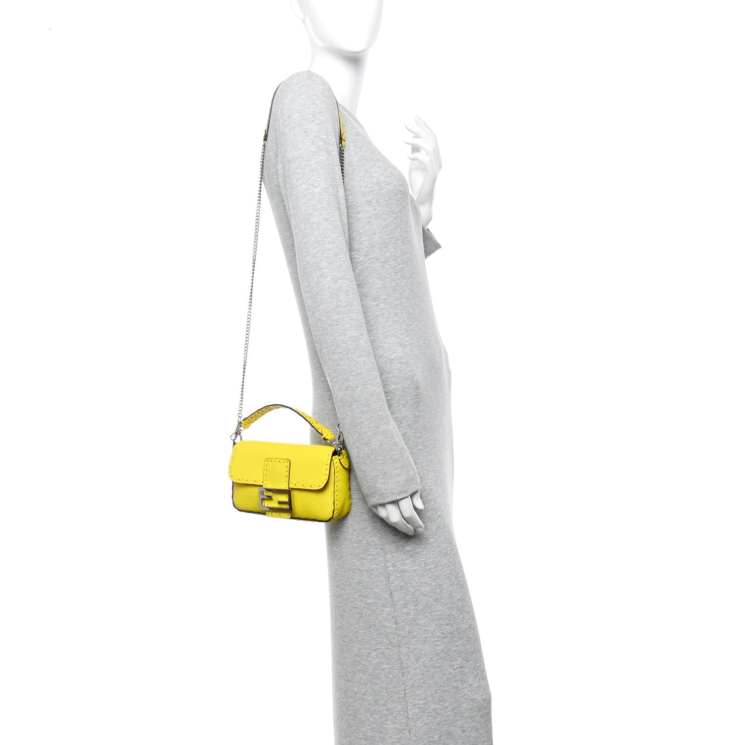 Fendi Cuoio Roma Sellerissima Nappa Sintetica Tape Stitch Mini Baguette Acid Yellow 2 of 15