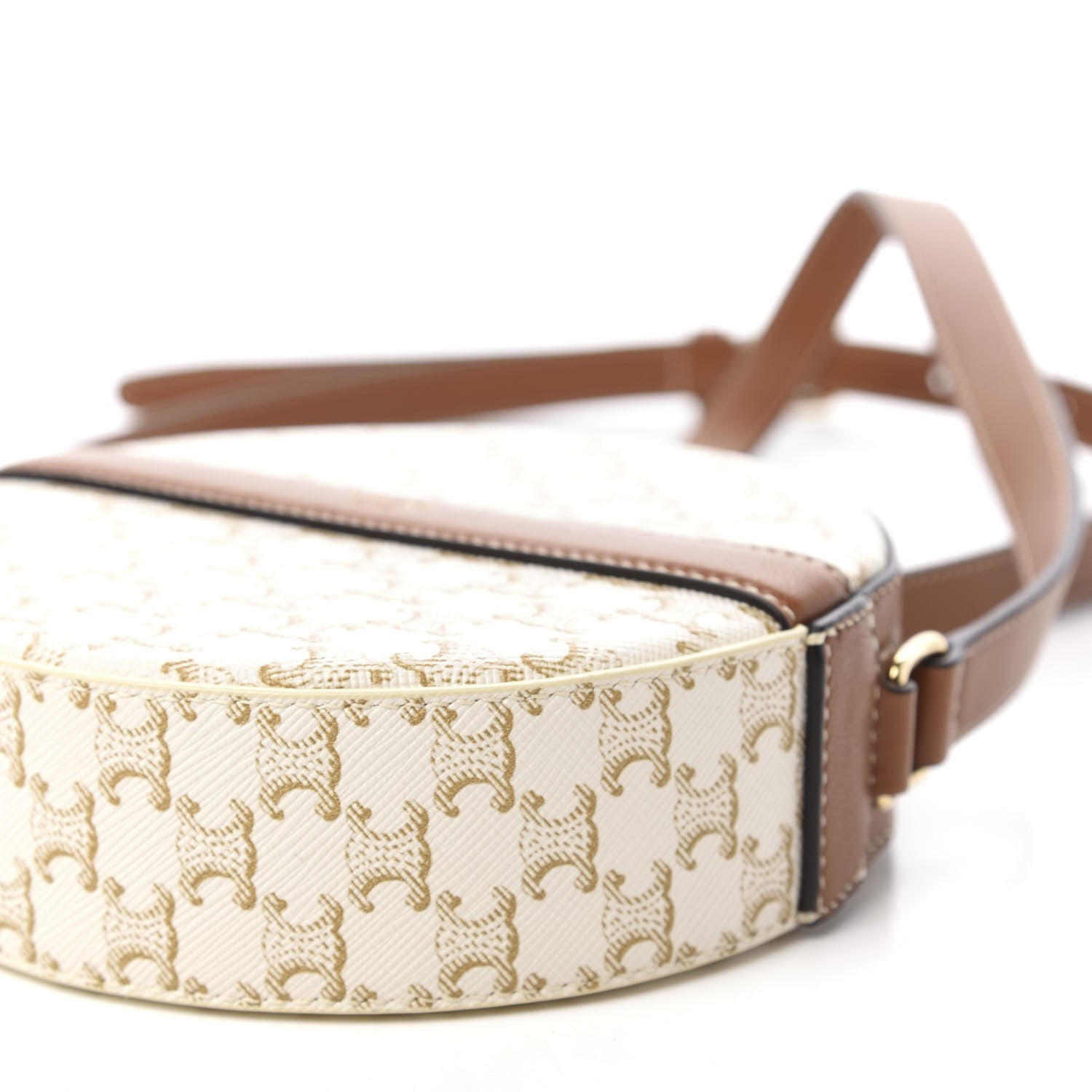 Celine Lambskin Triomphe Canvas Round Purse On Strap White Tan 7 of 9