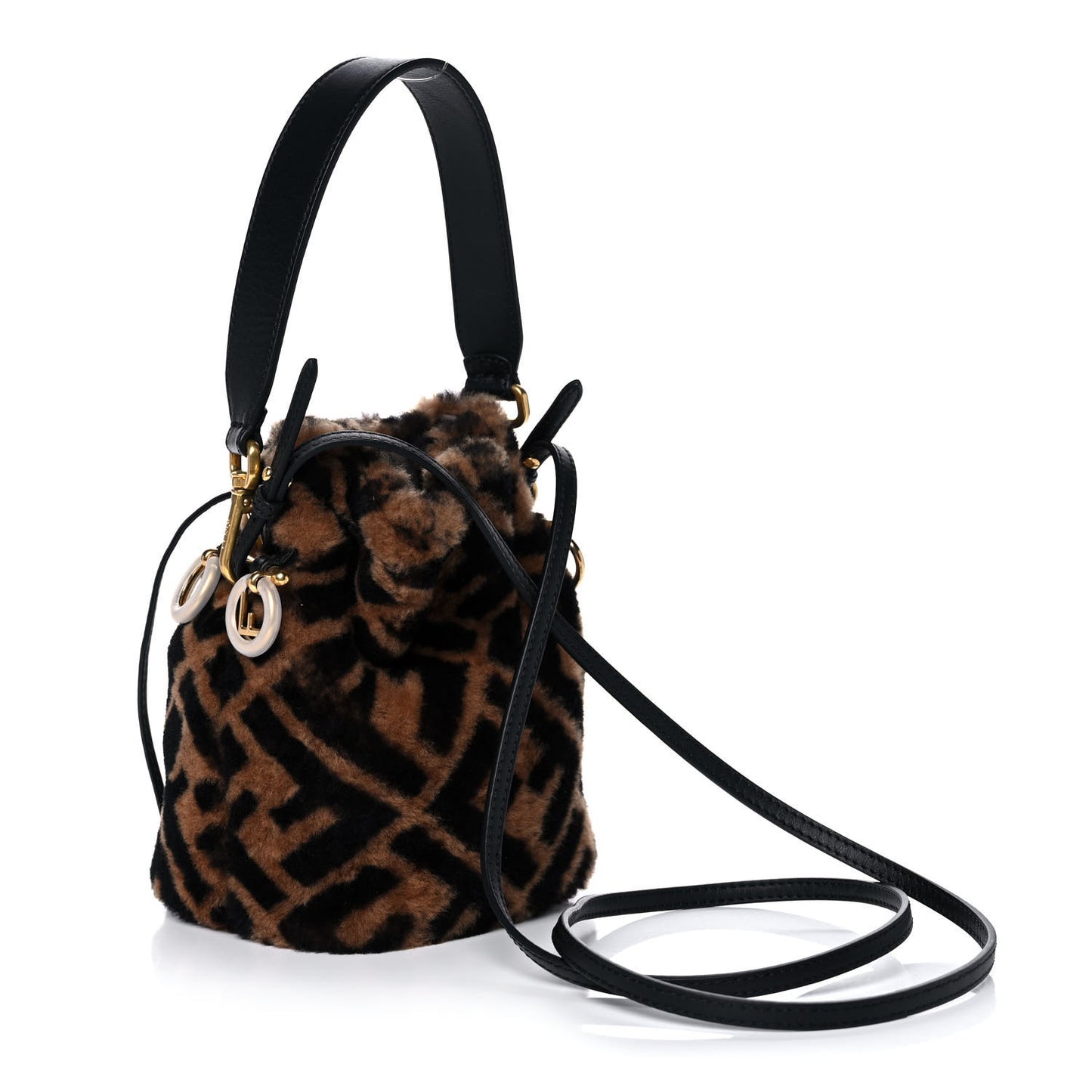 Shearling Vitello Dolce F is Fendi Macro FF 1974 Mini Mon Tresor Bucket Bag Tobacco Black