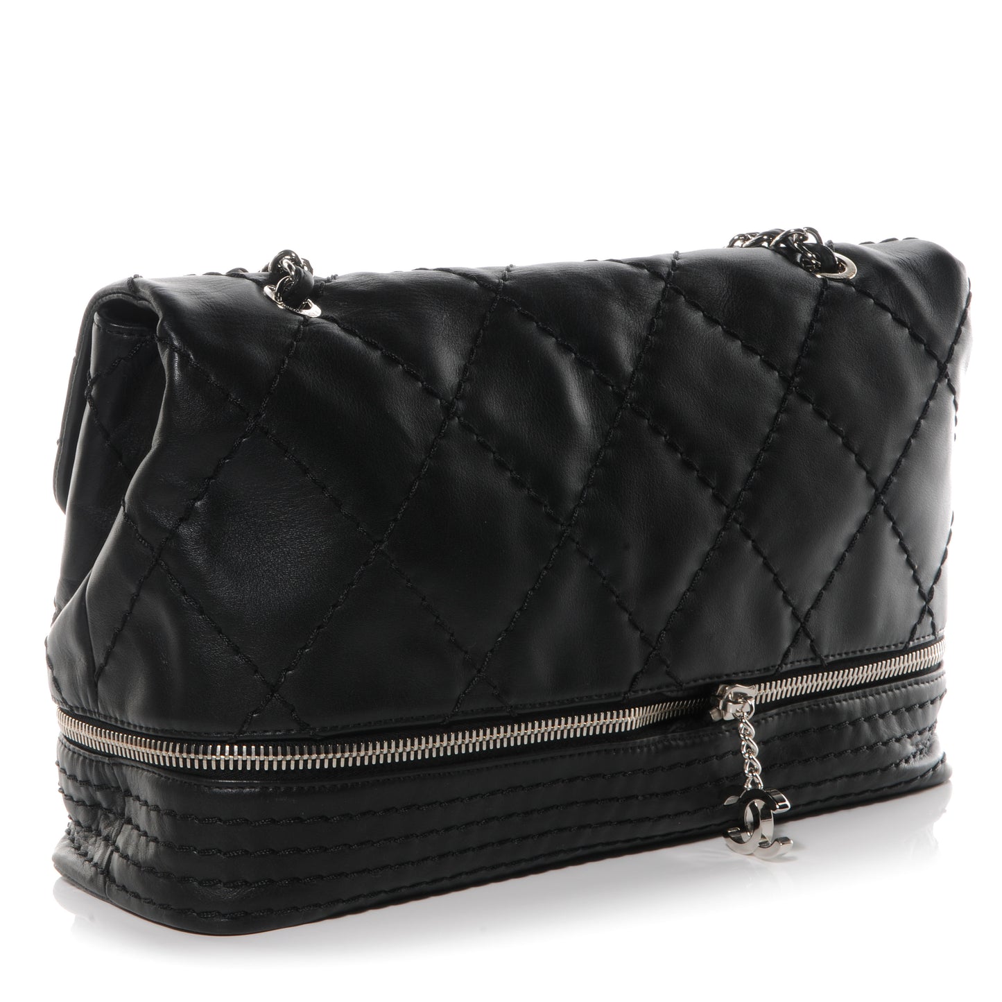 Calfskin Large Expandable Flap Bag Black