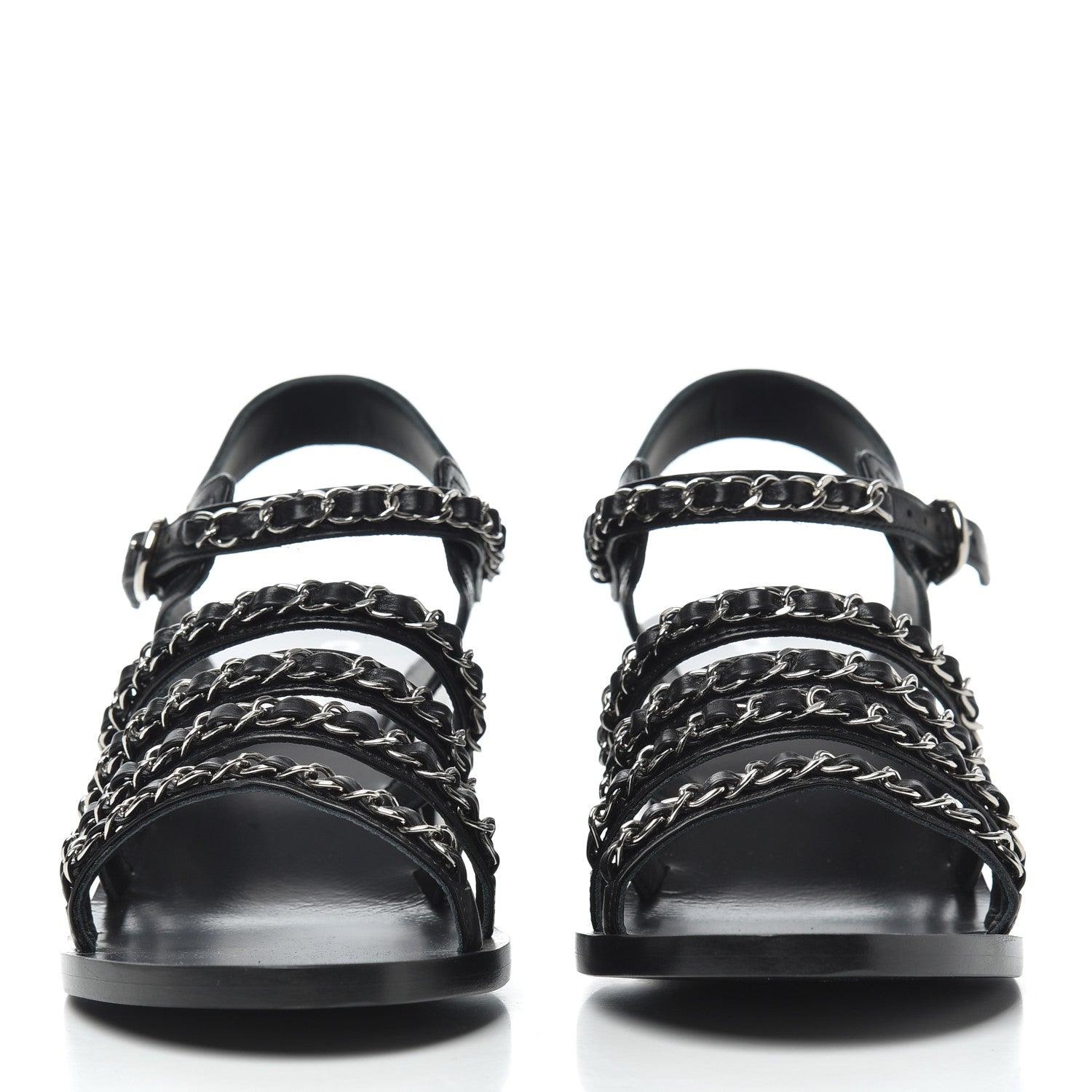 Chanel Calfskin Chain Sandals 38.5 Black 2 of 9