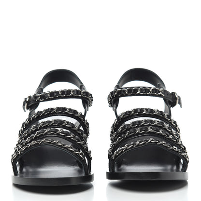 Chanel Calfskin Chain Sandals 38.5 Black 2 of 9