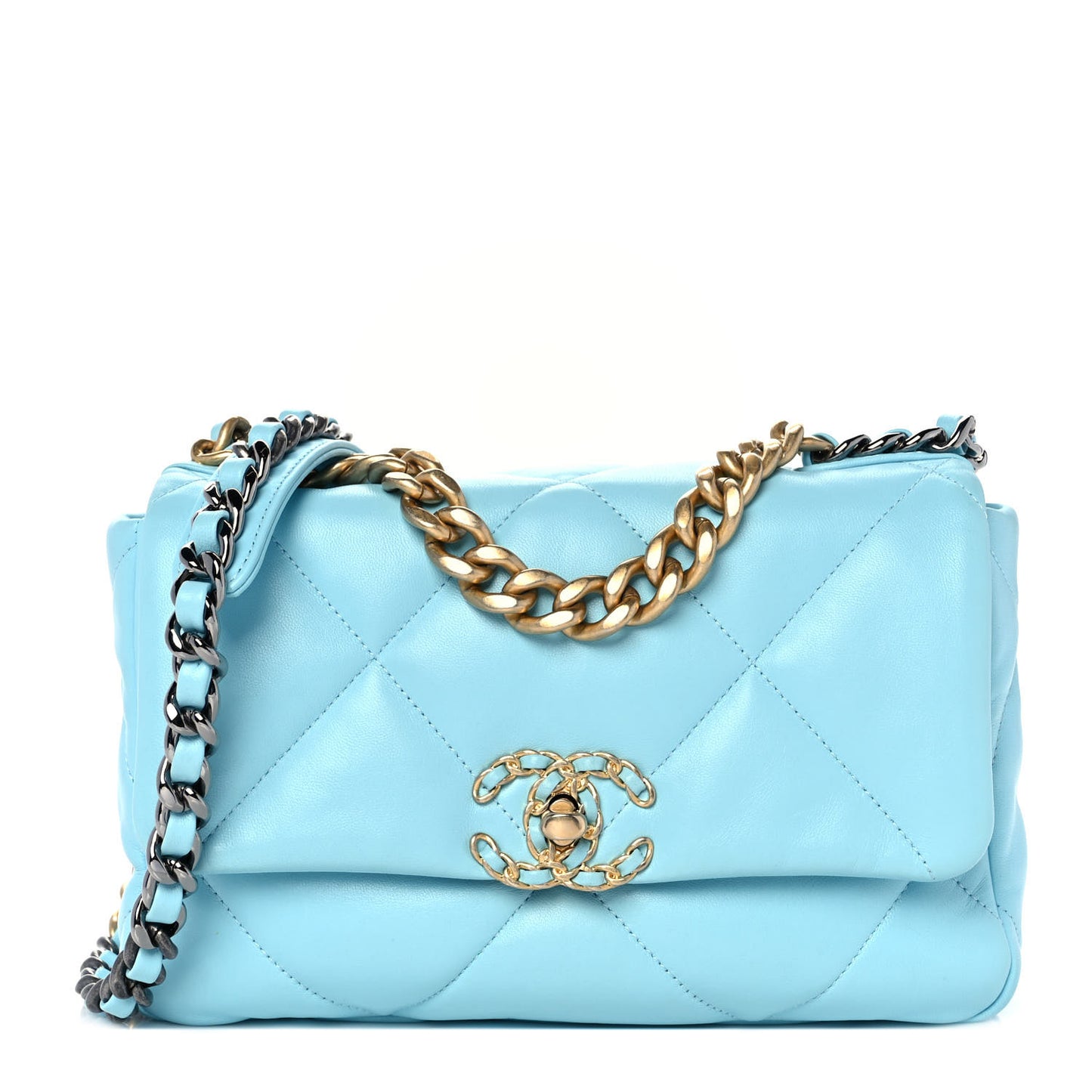 Shiny Lambskin Quilted Medium Chanel 19 Flap Light Blue