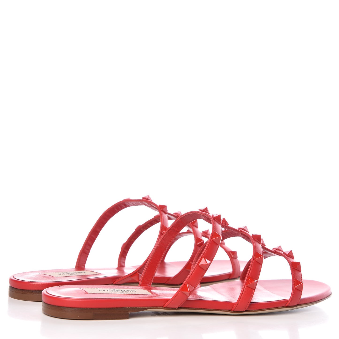 Calfskin Lacquered Monochrome Rockstud Caged Flat Slide Sandals 38.5 Rouge Pur