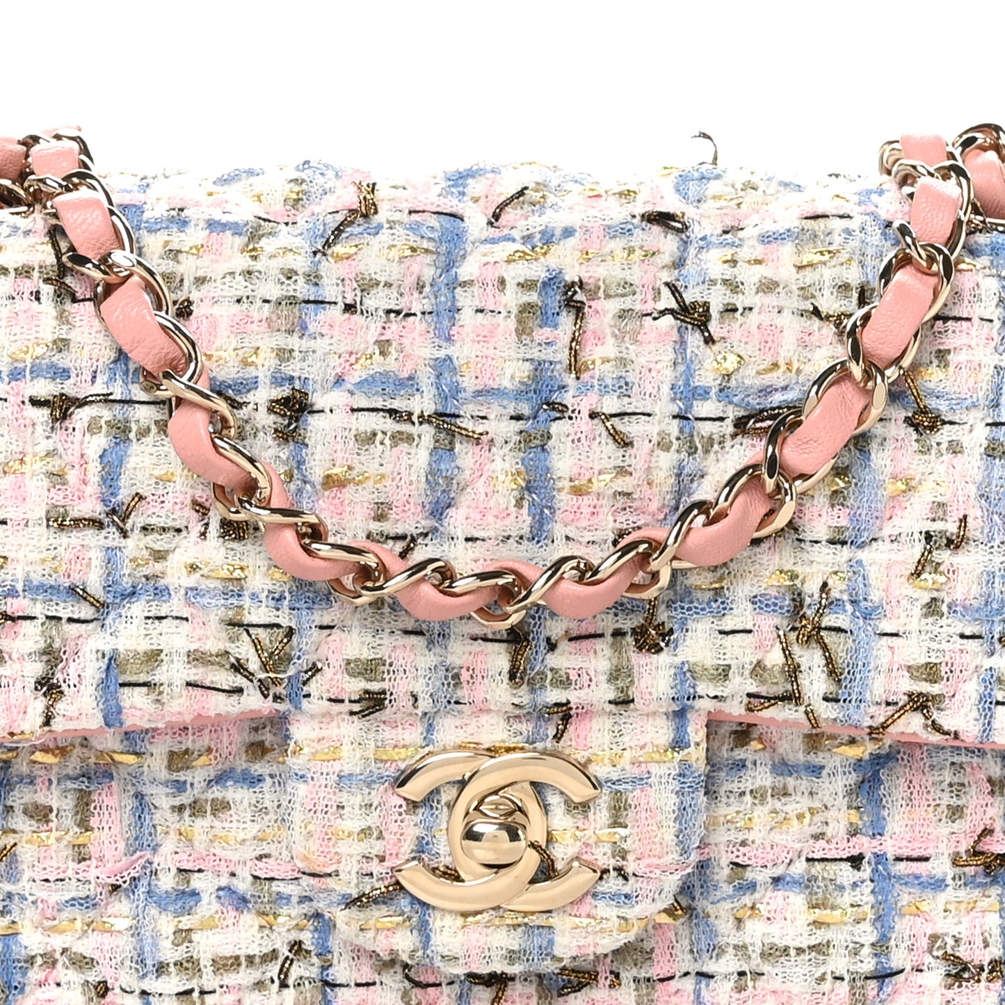 Tweed Quilted Mini Rectangular Flap Light Blue Pink Gold White