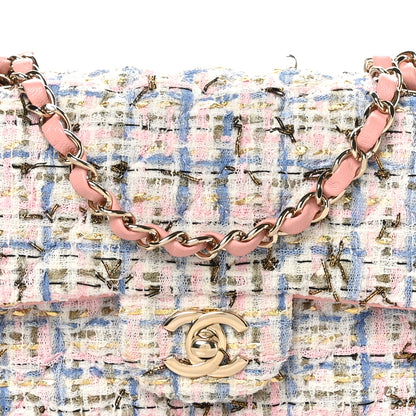 Chanel Tweed Quilted Mini Rectangular Flap Light Blue Pink Gold White 9 of 11