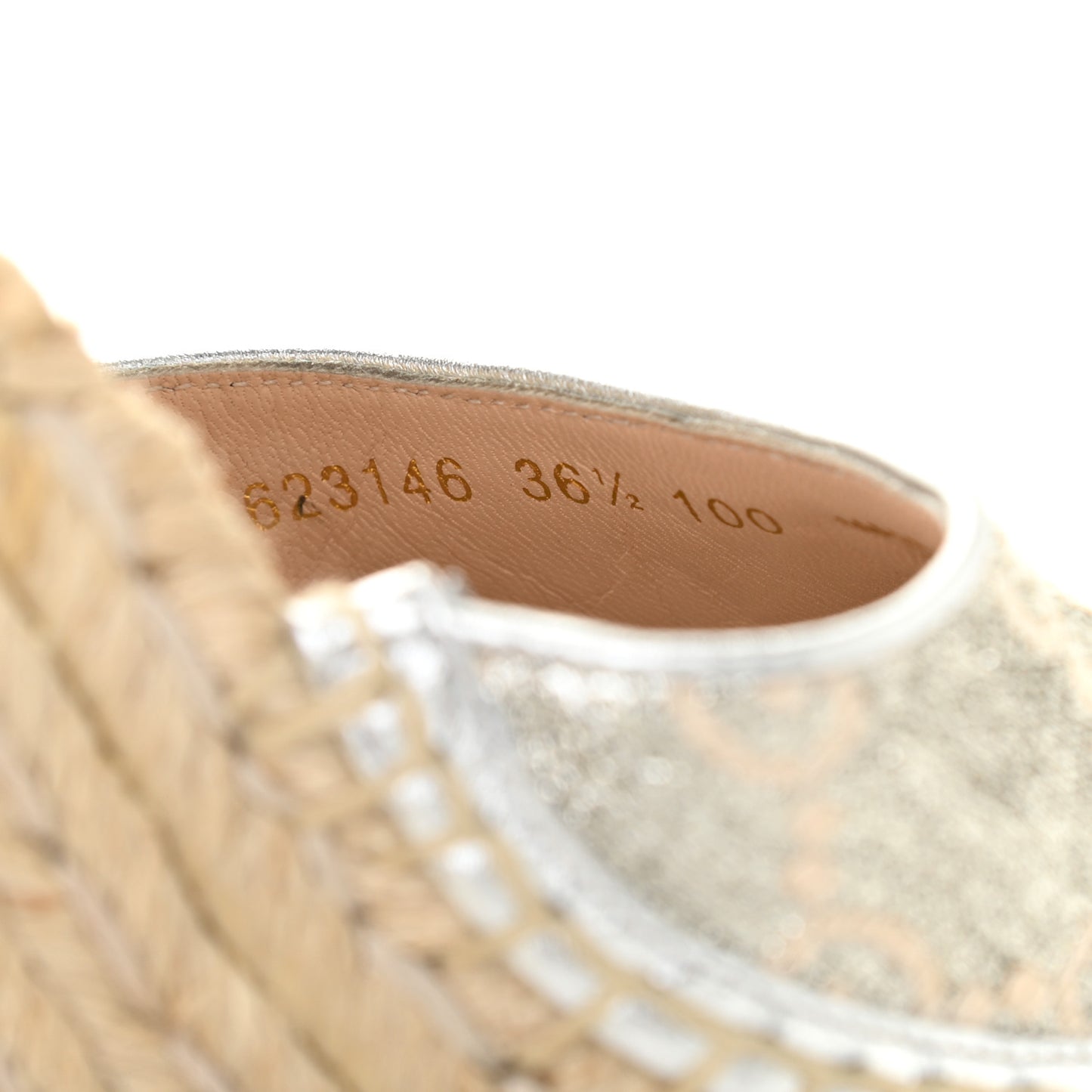 Lame GG Monogram Ankle Wrap Platform Espadrille Wedges 36.5 Silver Beige Light Grey