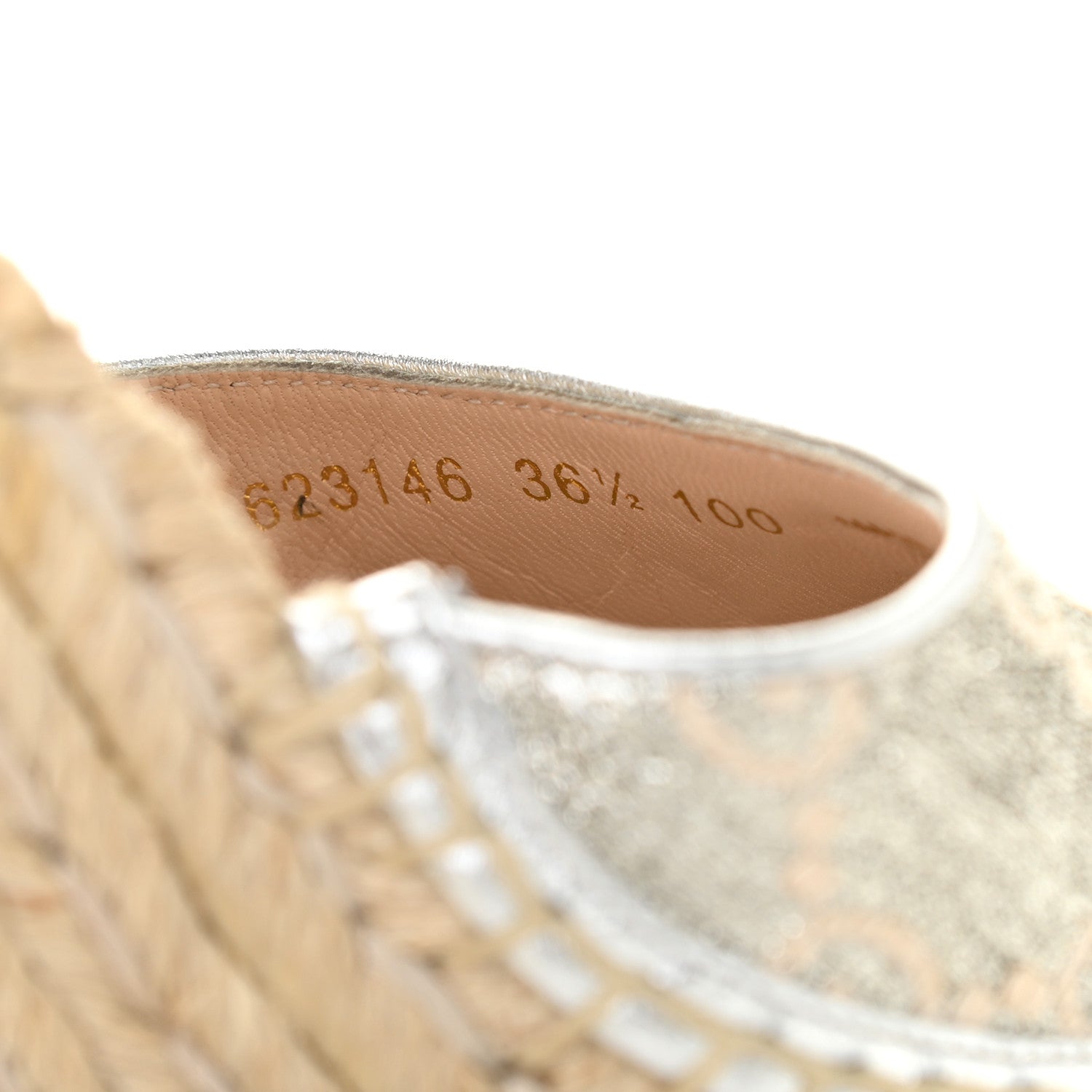 Gucci Lame GG Monogram Ankle Wrap Platform Espadrille Wedges 36.5 Silver Beige Light Grey 9 of 9