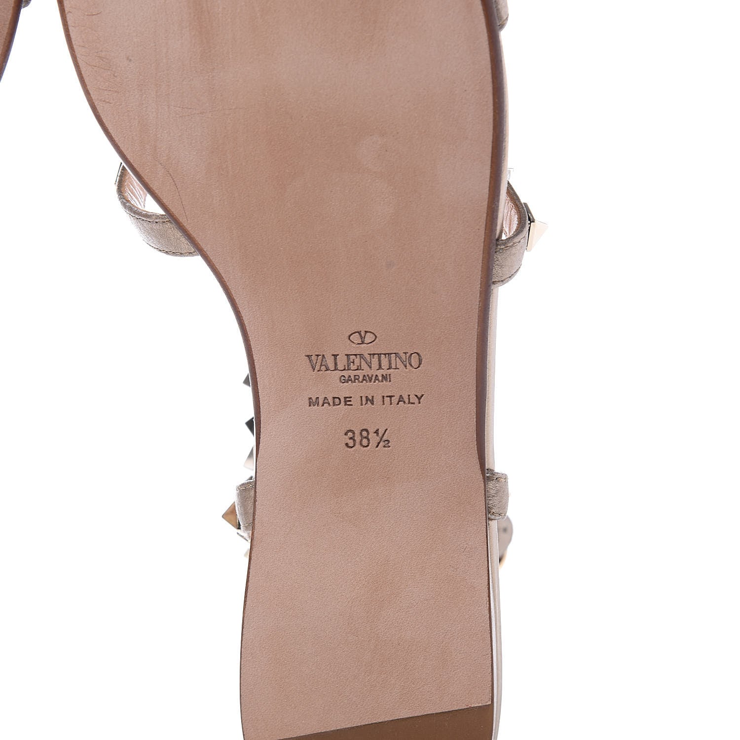 Valentino Garavani Metallic Pebbled Calfskin Rockstud Gladiator Flat Sandals 38.5 Skin 6 of 8