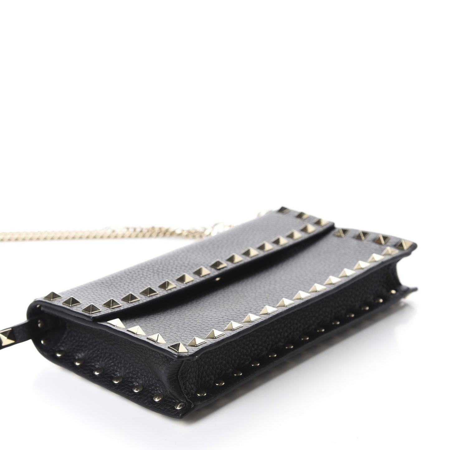Pebbled Calfskin Rockstud Flap Wallet On Chain Black