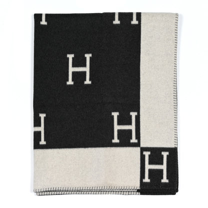 Hermes Wool Cashmere Avalon Signature Blanket Ecru Gris Fonce 1 of 3