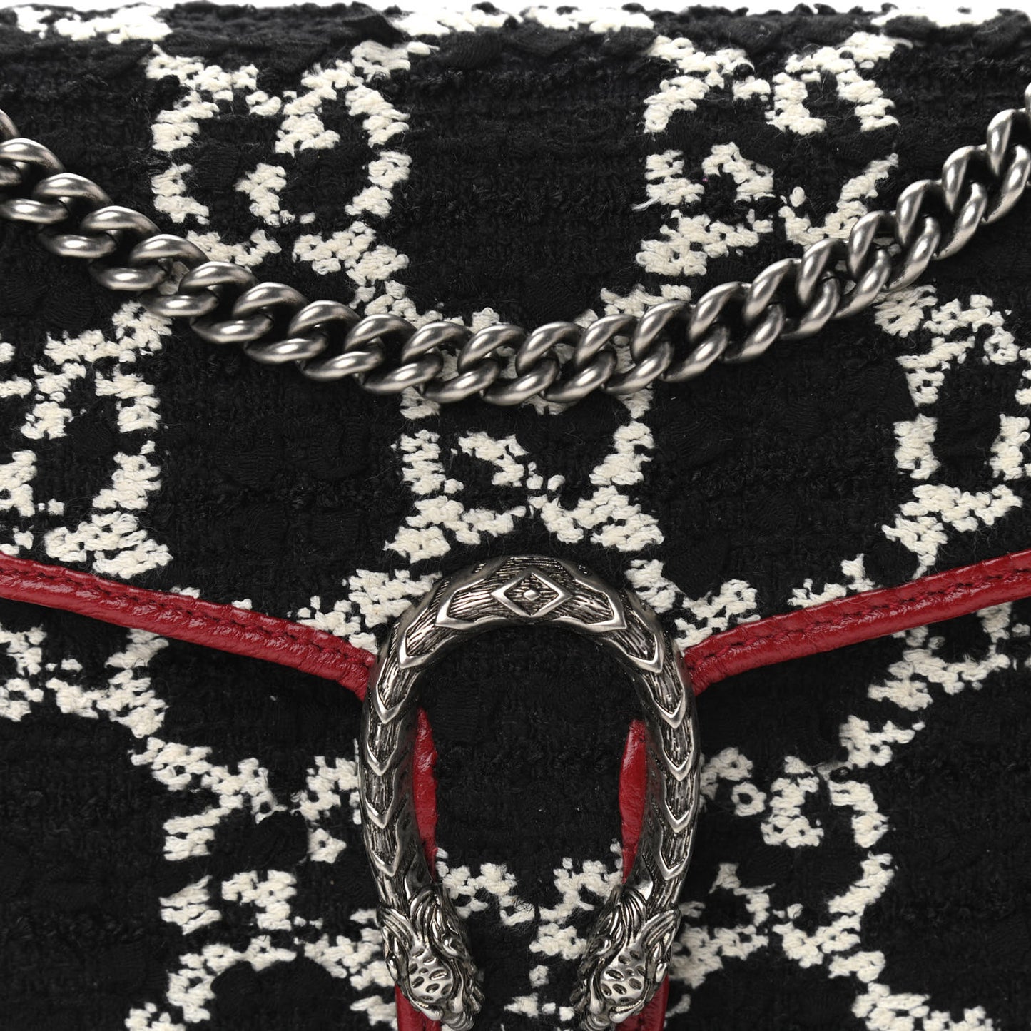 Tweed GG Monogram Mini Dionysus Chain Wallet Black White Romantic Cherry