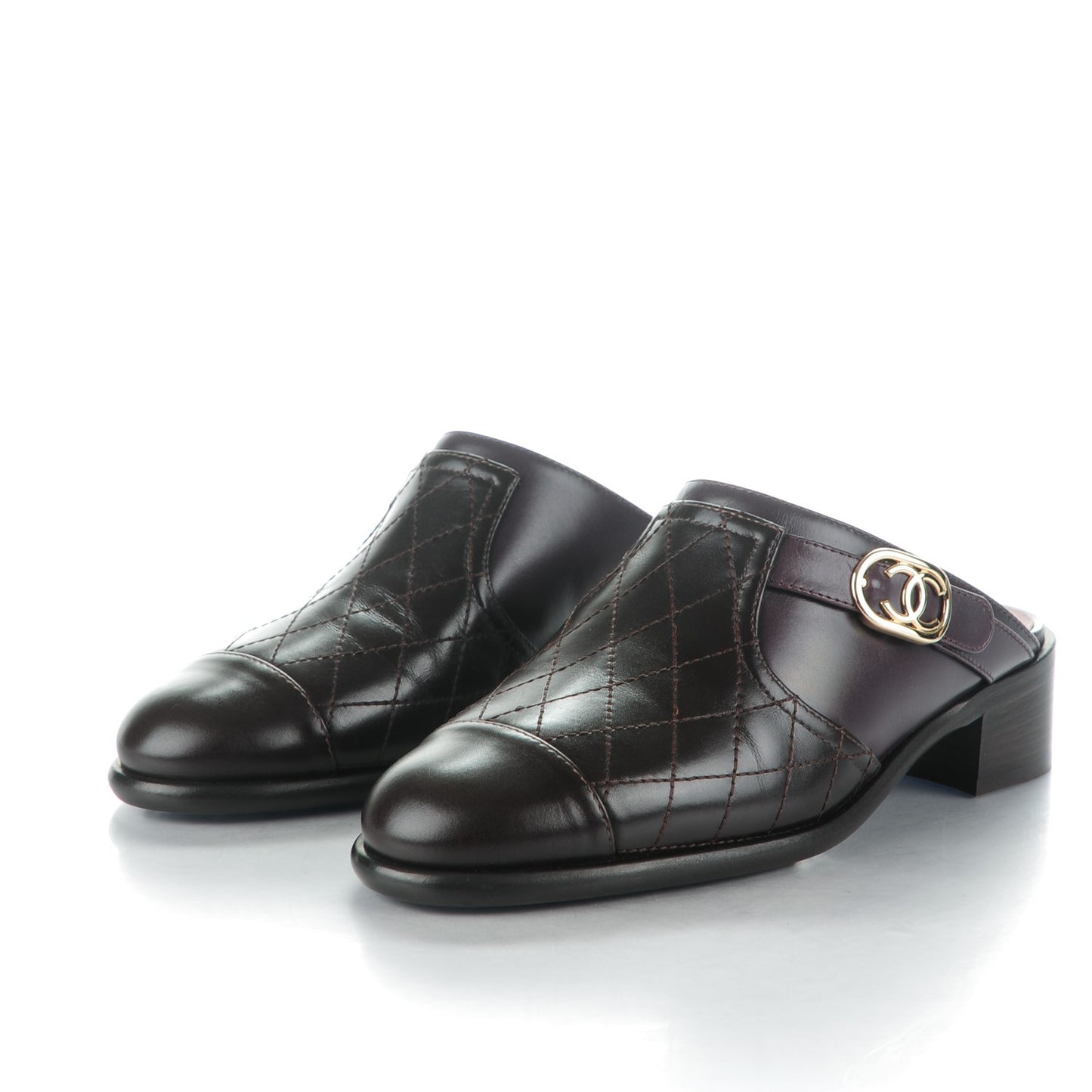 Calfskin Quilted CC Mules 36.5 Burgundy Brown