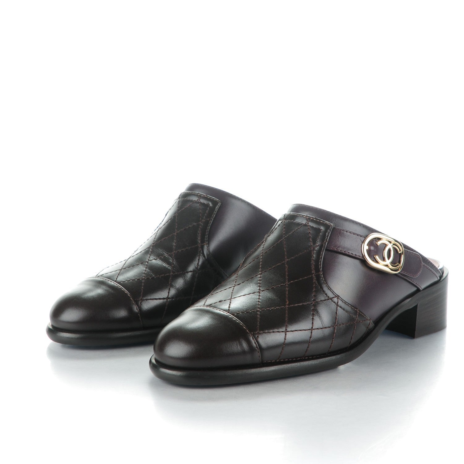 Chanel Calfskin Quilted CC Mules 36.5 Burgundy Brown 3 of 8