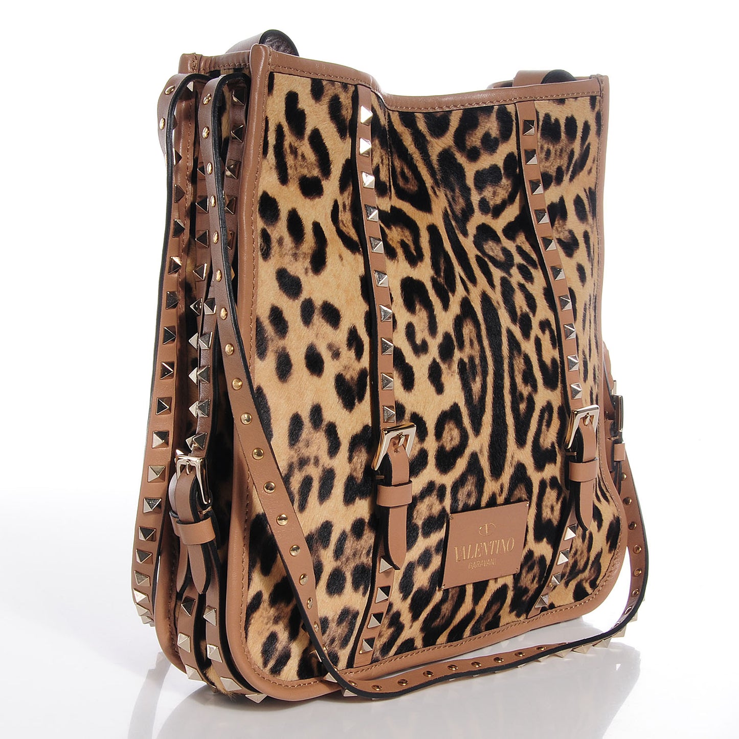 Calf Hair Leopard Print Rockstud Shopper Tote Tan