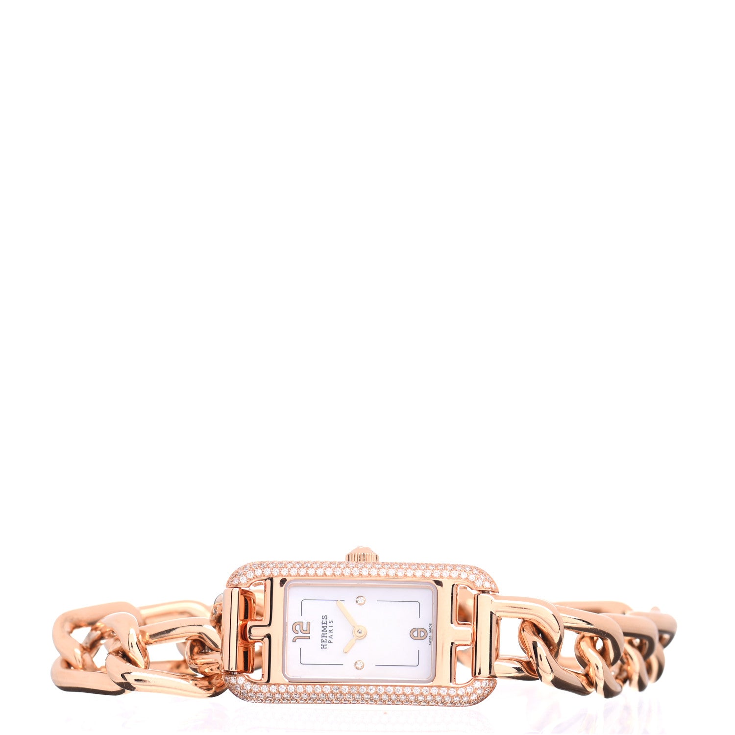 Hermes 18K Rose Gold Diamond Mother of Pearl 17mm Nantucket Quartz Watch 2 of 5