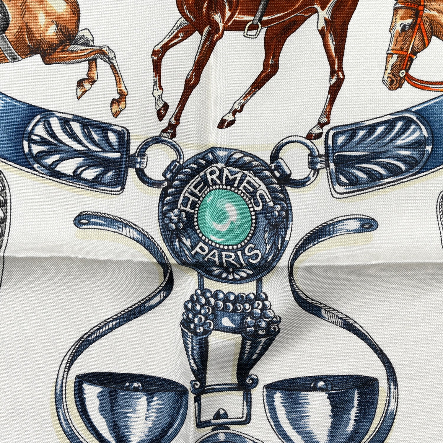 Hermes Silk Cavalcades Scarf 90 White Bleu Jean Vert 2 of 5