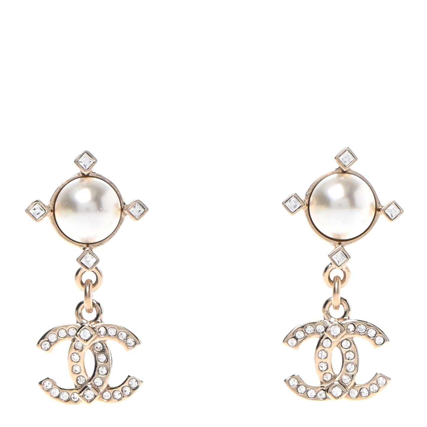 Crystal Pearl CC Drop Earrings Gold