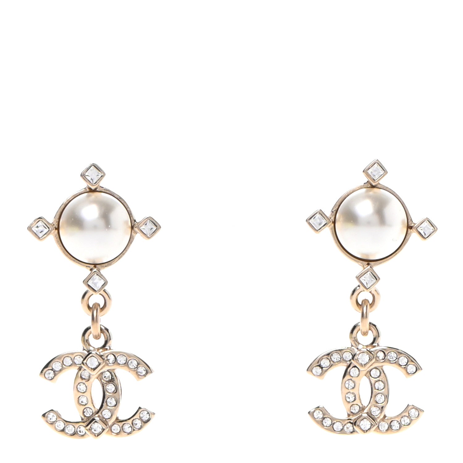 Chanel Crystal Pearl CC Drop Earrings Gold 1 of 4