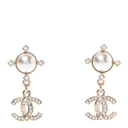 Chanel Crystal Pearl CC Drop Earrings Gold 1 of 4