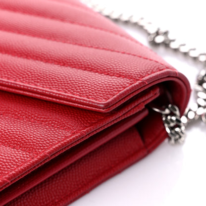 Saint Laurent Grain De Poudre Matelasse Chevron Monogram Chain Wallet New Red 12 of 13