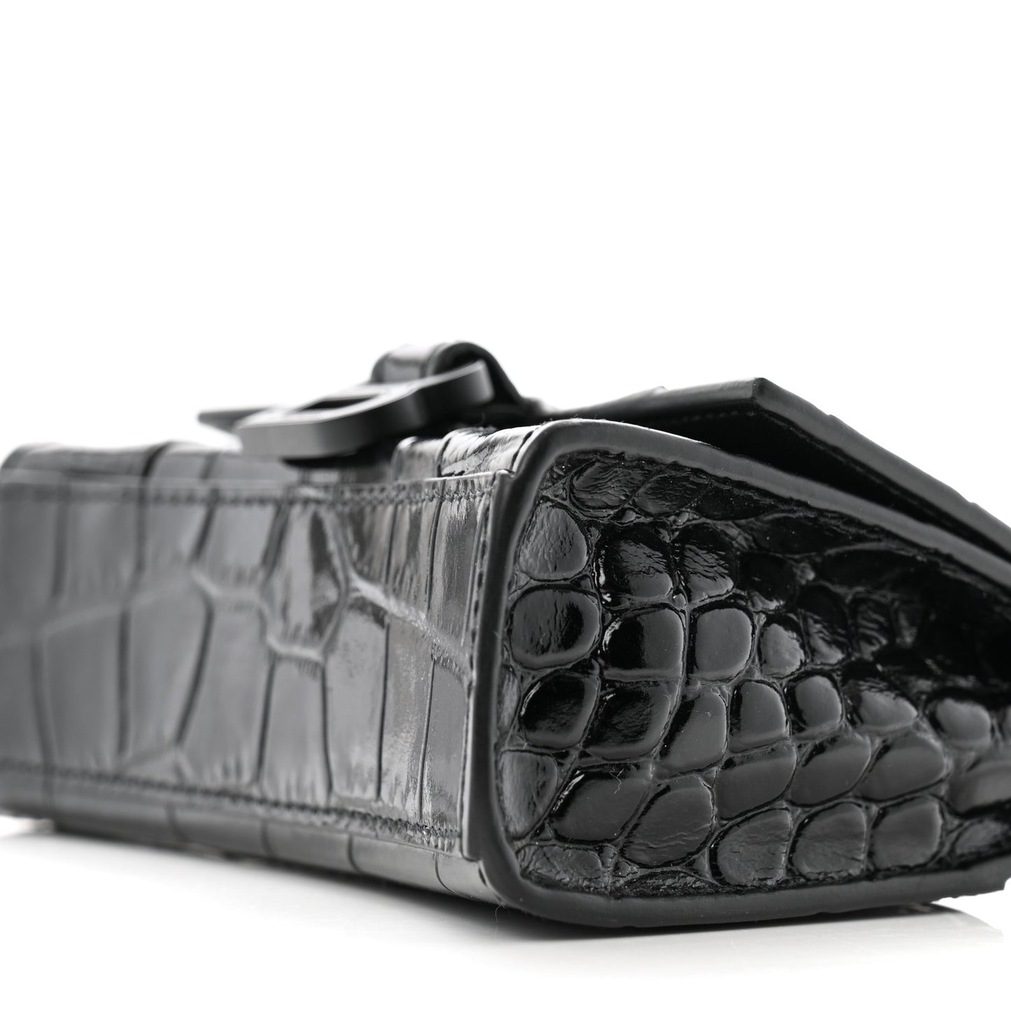 Shiny Calfskin Monochrome Crocodile Embossed Hourglass Top Handle Bag Mini Black