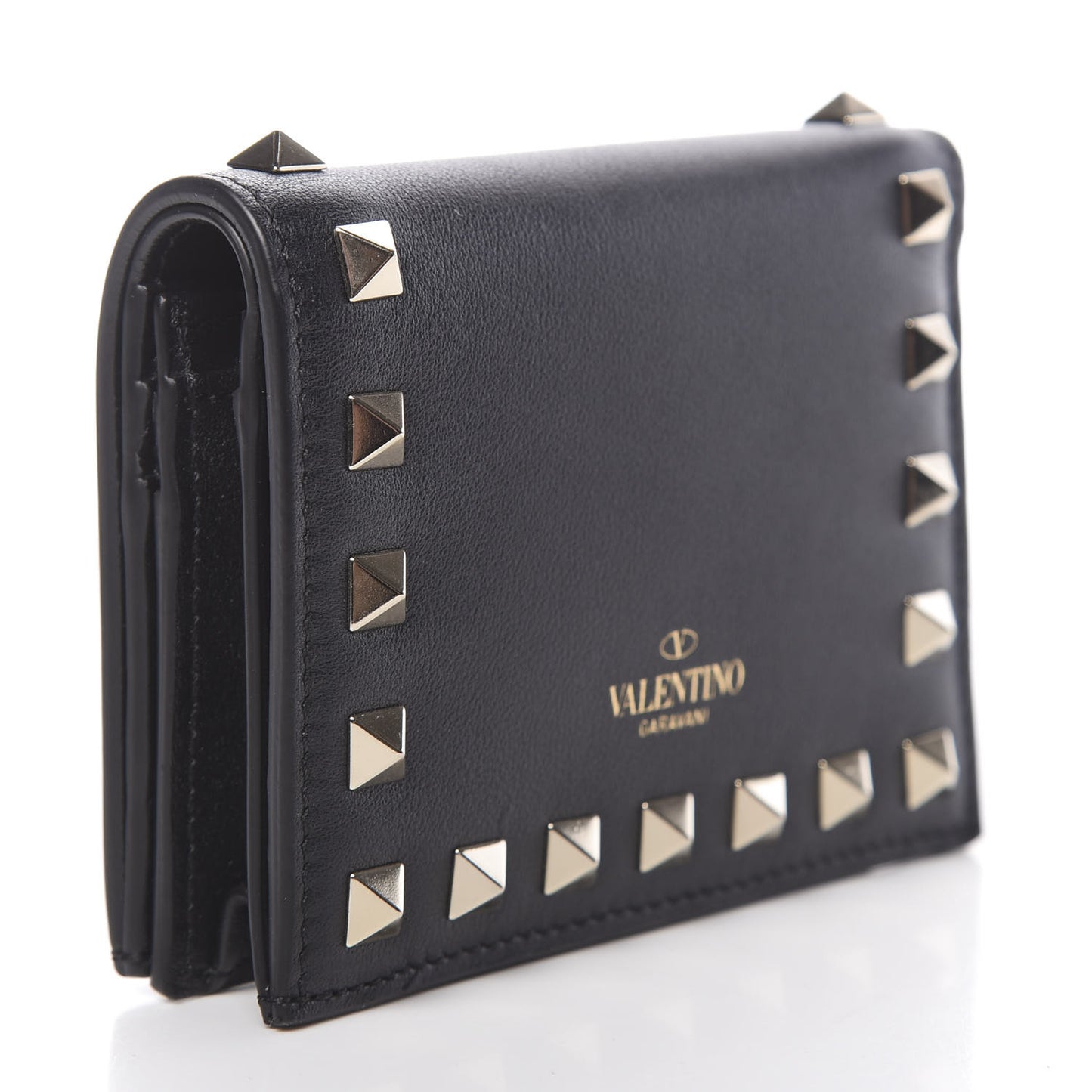 Calfskin Rockstud French Flap Wallet Black