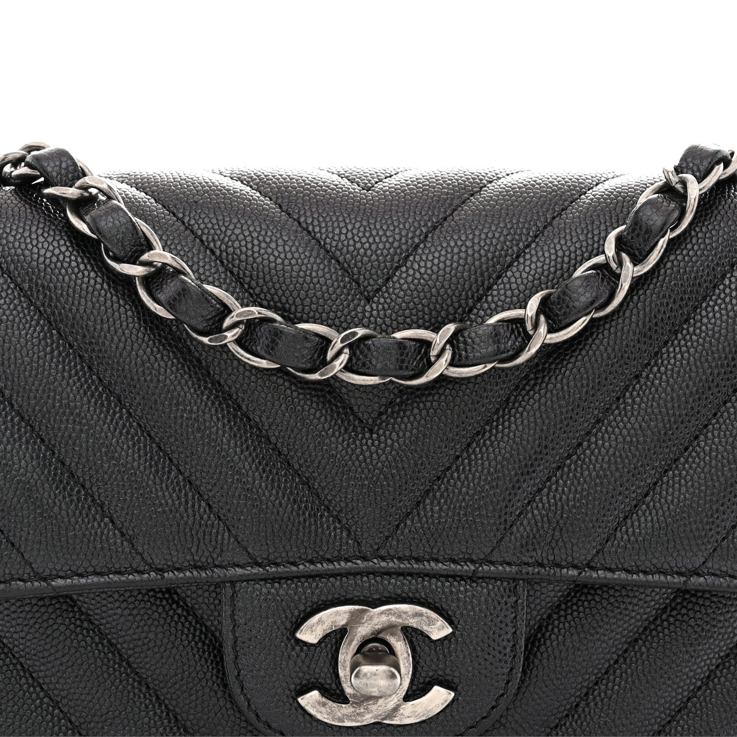 Iridescent Caviar Chevron Quilted Mini Rectangular Flap Black