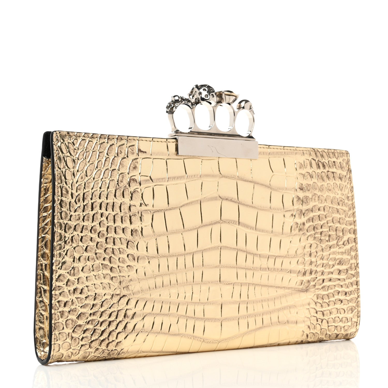 Alexander McQueen Metallic Calfskin Crocodile Embossed Knuckle Flat Clutch Gold 2 of 8