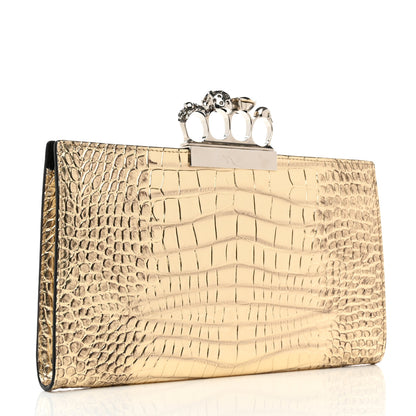 Alexander McQueen Metallic Calfskin Crocodile Embossed Knuckle Flat Clutch Gold 2 of 8