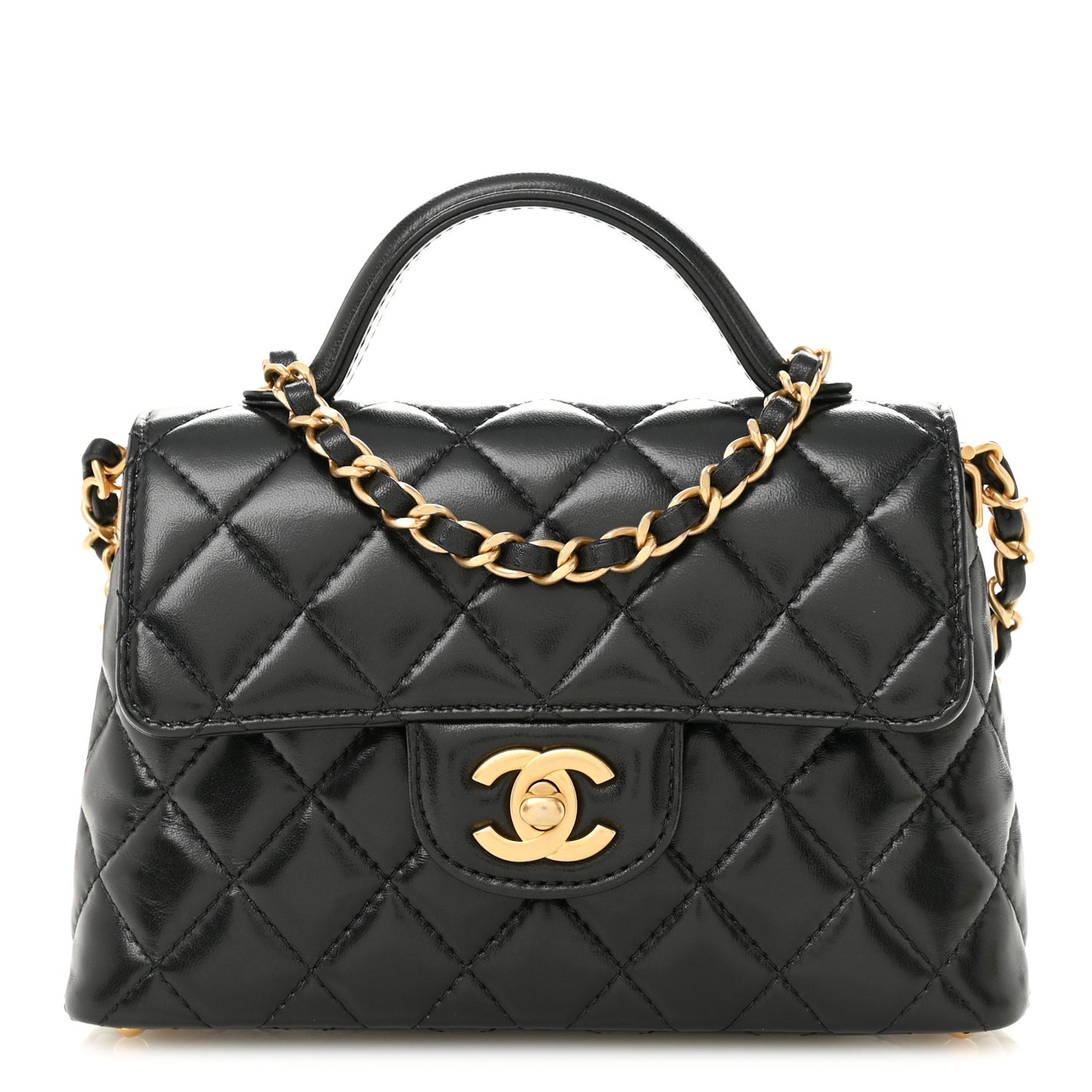 Lambskin Quilted Small Flap Top Handle Bag Black