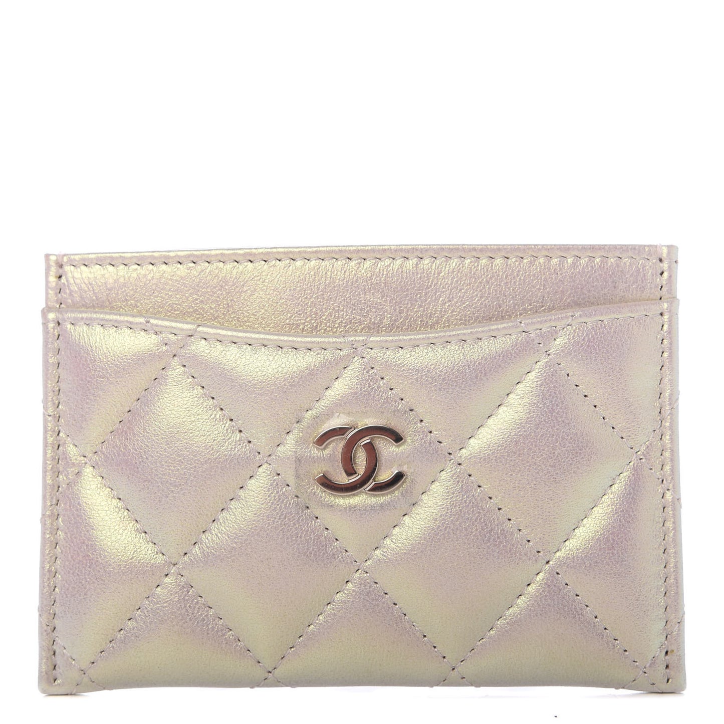 Iridescent Lambskin Quilted Card Holder Ivory