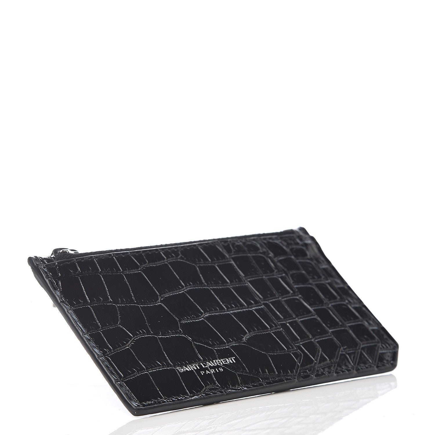 Saint Laurent Calfskin Crocodile Embossed 5 Fragments Zip Pouch Card Holder Black 3 of 6