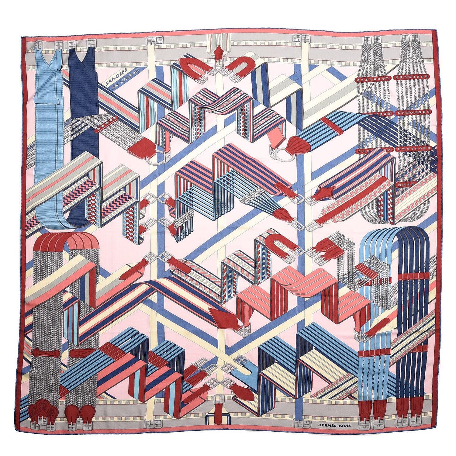 Hermes Cashmere Silk Sangles En Zigzag Shawl 140 Rose Nacre Bleu Brique 1 of 7