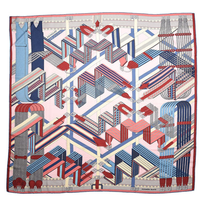 Hermes Cashmere Silk Sangles En Zigzag Shawl 140 Rose Nacre Bleu Brique 1 of 7