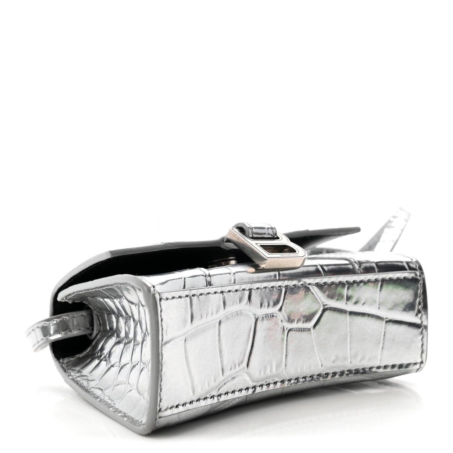 Metallic Calfskin Crocodile Embossed Hourglass Top Handle Bag Mini Silver